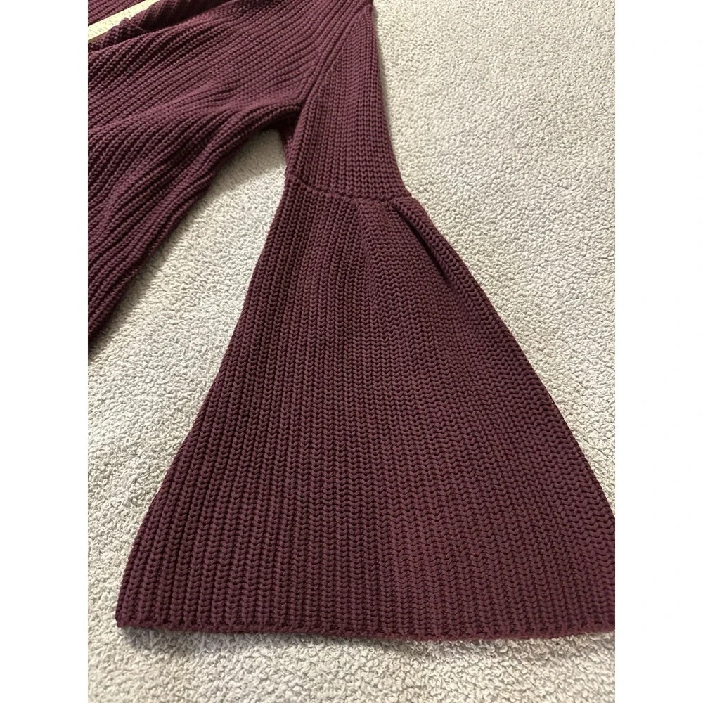 Free People Damsel V-Neck Sweater Bell Sleeve Maroon Knit Boho Hippie Women's L
